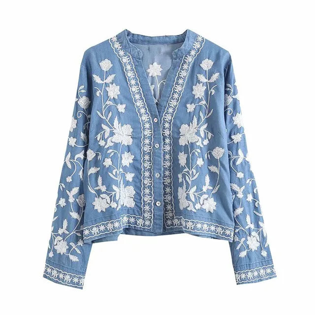 Chloe Embroidered Denim Long Sleeves Shirt