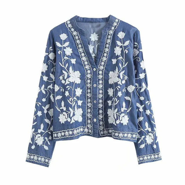 Chloe Embroidered Denim Long Sleeves Shirt